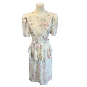 Vintage Lace Bib Floral Puff Sleeve Peplum Dress Romantic Cottagecore Shabby 8